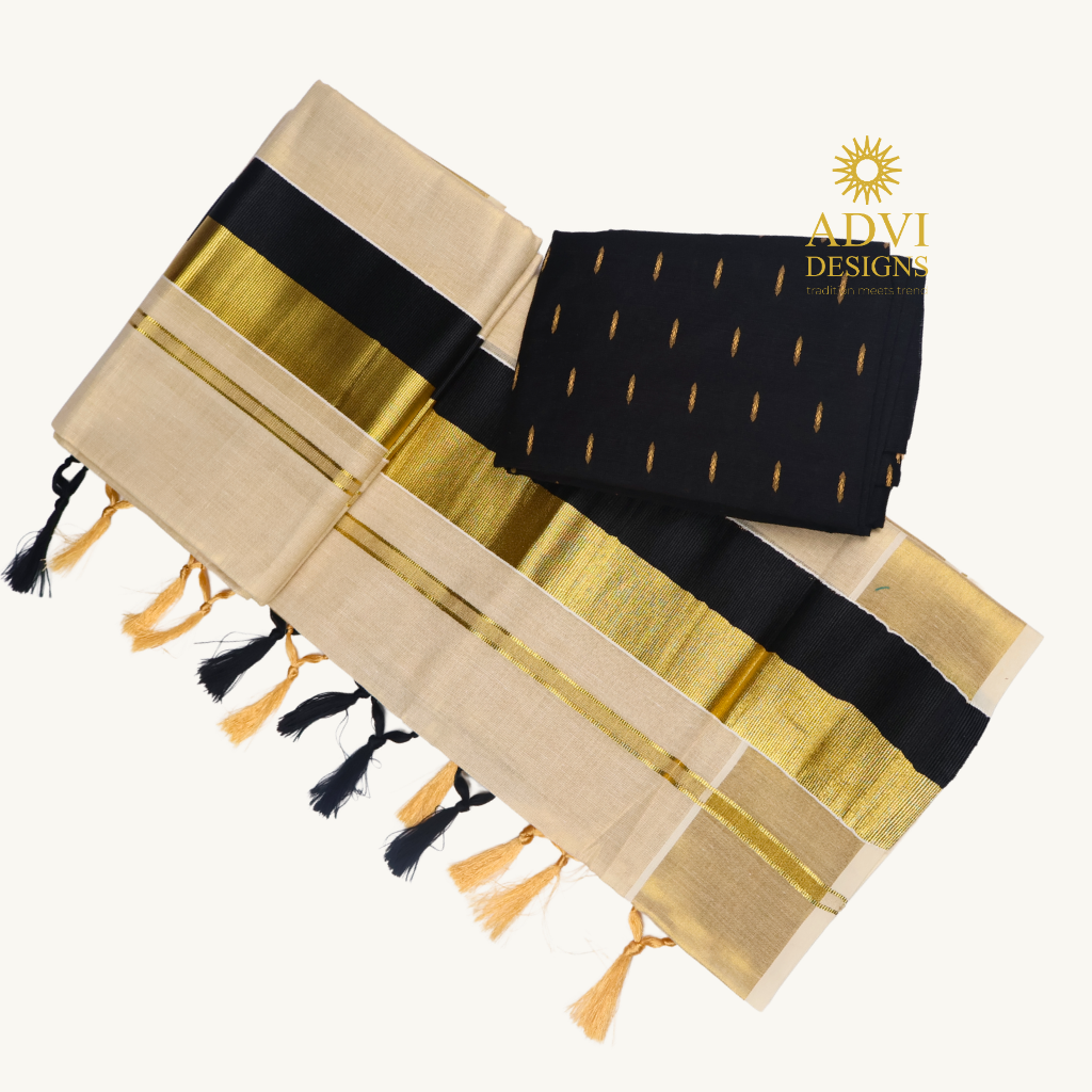 Premium Kerala Tissue Set Mundu with Black Kasavu Border & Dual-Tone Tassels