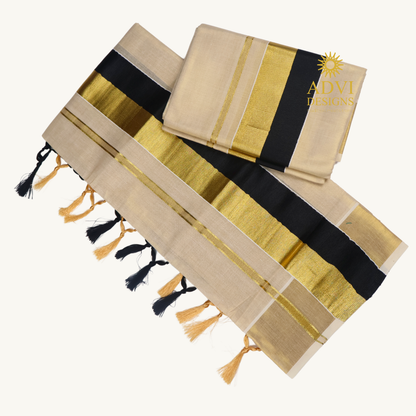 Premium Kerala Tissue Set Mundu with Black Kasavu Border & Dual-Tone Tassels