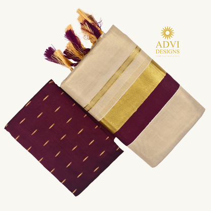 Premium Kerala Tissue Set Mundu with Wine Kasavu Border & Dual-Tone Tassels
