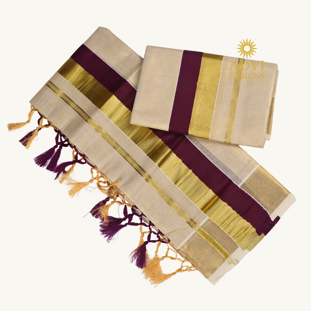 Premium Kerala Tissue Set Mundu with Wine Kasavu Border & Dual-Tone Tassels