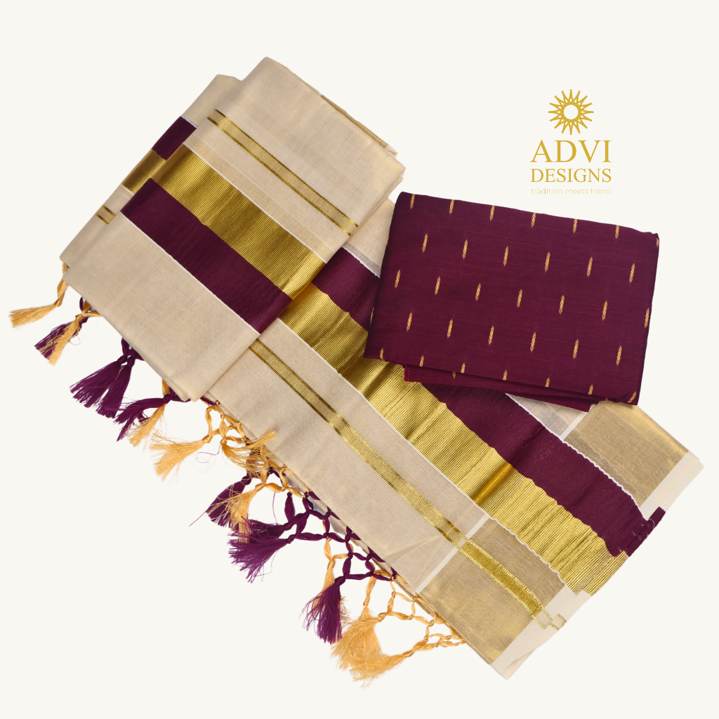 Premium Kerala Tissue Set Mundu with Wine Kasavu Border & Dual-Tone Tassels