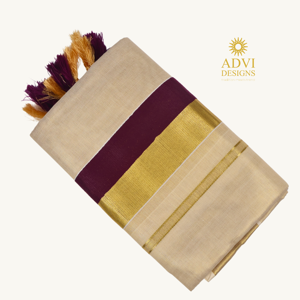 Premium Kerala Tissue Set Mundu with Wine Kasavu Border & Dual-Tone Tassels