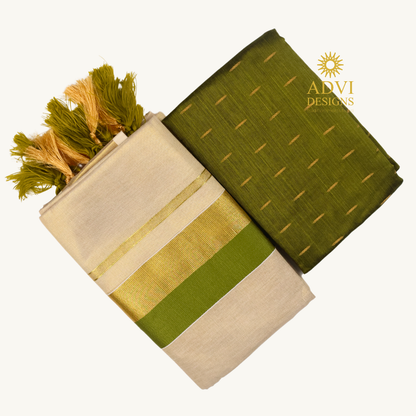 Premium Kerala Tissue Set Mundu with Olive Green Kasavu Border & Dual-Tone Tassels