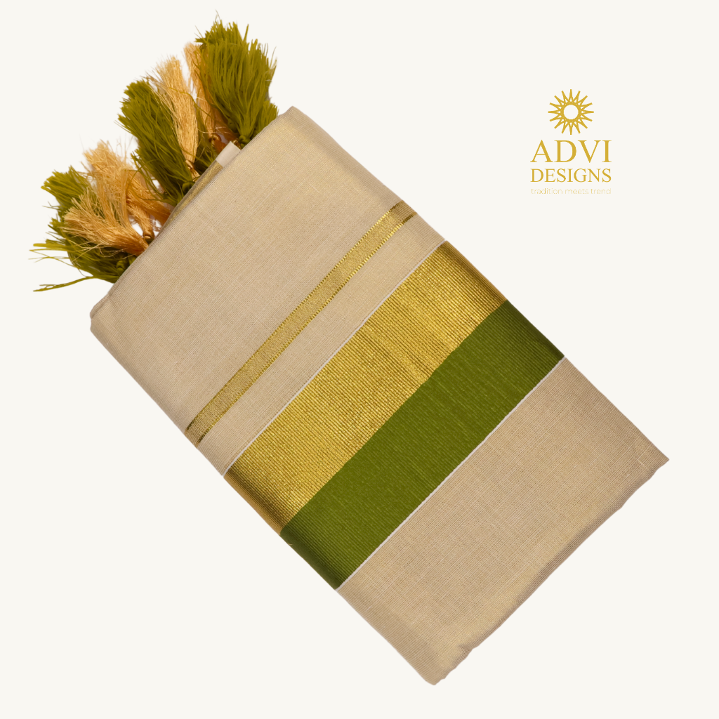 Premium Kerala Tissue Set Mundu with Olive Green Kasavu Border & Dual-Tone Tassels