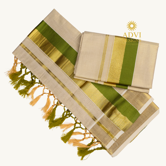Premium Kerala Tissue Set Mundu with Olive Green Kasavu Border & Dual-Tone Tassels