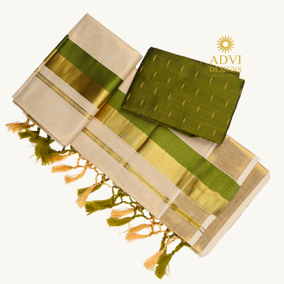 Premium Kerala Tissue Set Mundu with Olive Green Kasavu Border & Dual-Tone Tassels