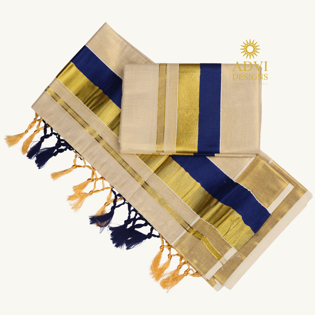 Premium Kerala Tissue Set Mundu with Royal Blue Kasavu Border & Dual-Tone Tassels