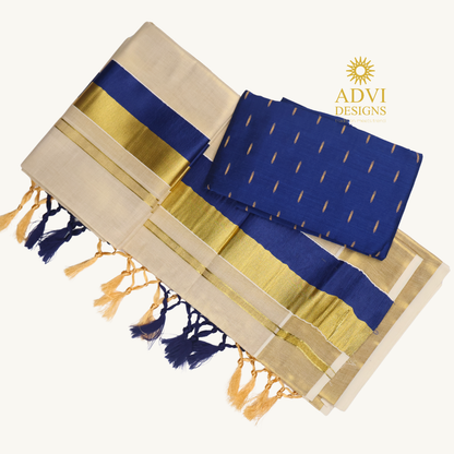 Premium Kerala Tissue Set Mundu with Royal Blue Kasavu Border & Dual-Tone Tassels