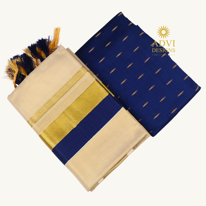 Premium Kerala Tissue Set Mundu with Royal Blue Kasavu Border & Dual-Tone Tassels