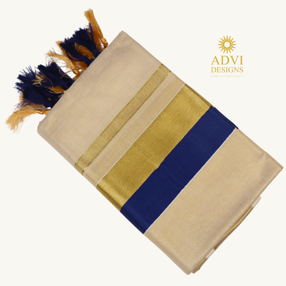 Premium Kerala Tissue Set Mundu with Royal Blue Kasavu Border & Dual-Tone Tassels
