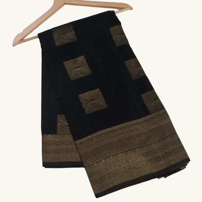 Black Georgette Banarasi Saree with Antique Gold Zari Border & Floral Pallu