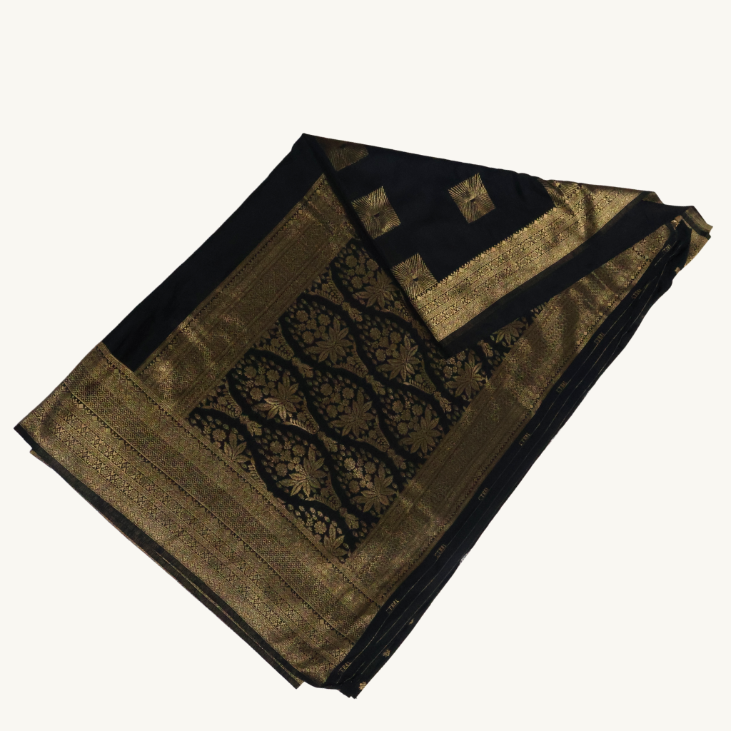 Black Georgette Banarasi Saree with Antique Gold Zari Border & Floral Pallu