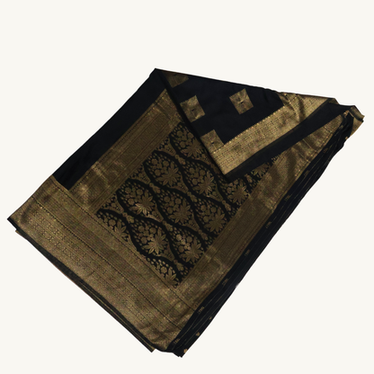 Black Georgette Banarasi Saree with Antique Gold Zari Border & Floral Pallu