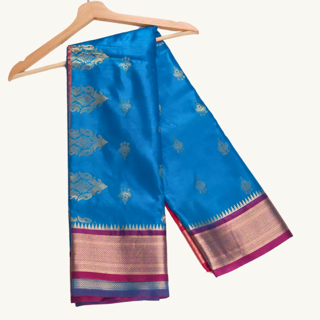 Azure Blue & Rani Pink Semi Soft Silk Saree with Gold Zari Buttas and Contrast Pallu