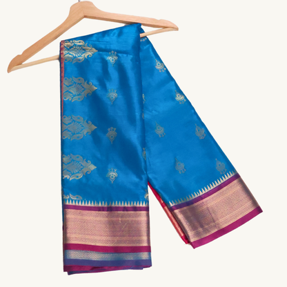 Azure Blue & Rani Pink Semi Soft Silk Saree with Gold Zari Buttas and Contrast Pallu