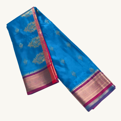 Azure Blue & Rani Pink Semi Soft Silk Saree with Gold Zari Buttas and Contrast Pallu