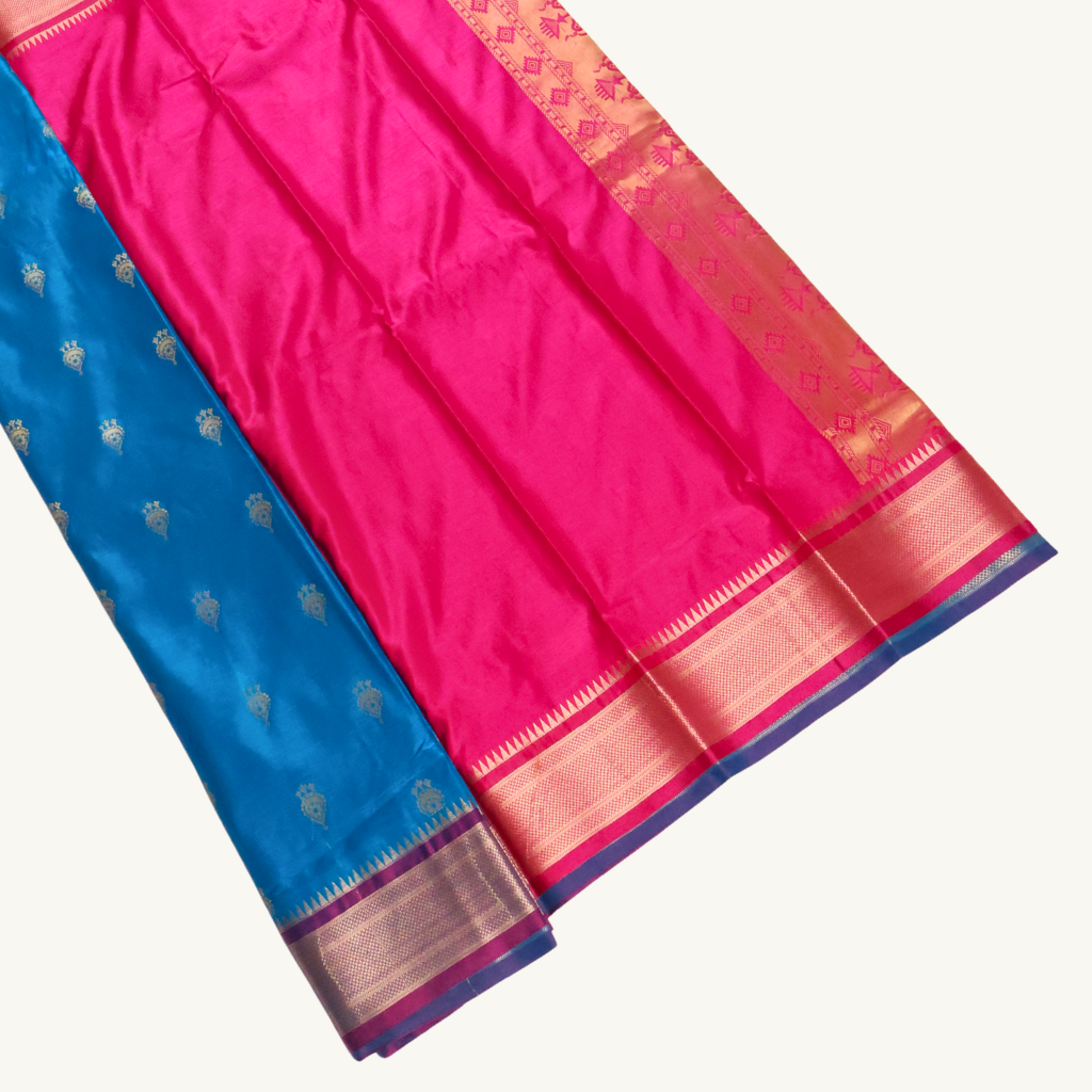 Azure Blue & Rani Pink Semi Soft Silk Saree with Gold Zari Buttas and Contrast Pallu