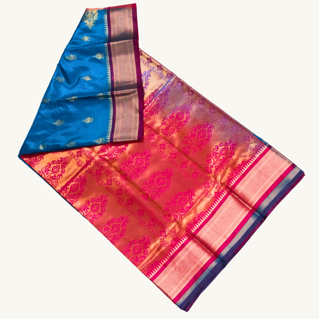 Azure Blue & Rani Pink Semi Soft Silk Saree with Gold Zari Buttas and Contrast Pallu