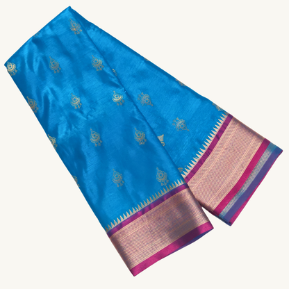 Azure Blue & Rani Pink Semi Soft Silk Saree with Gold Zari Buttas and Contrast Pallu