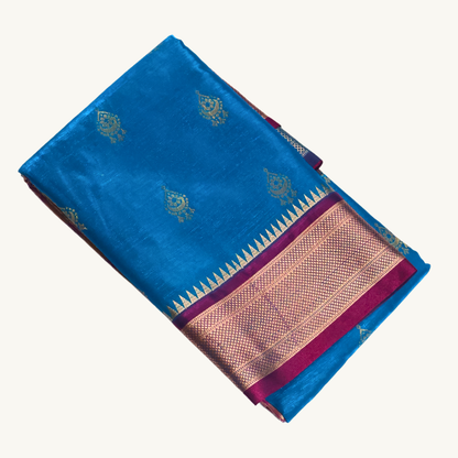 Azure Blue & Rani Pink Semi Soft Silk Saree with Gold Zari Buttas and Contrast Pallu