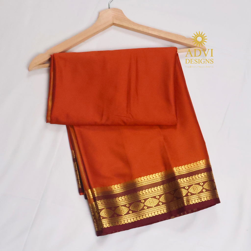 Rust Orange Semi Mysore Crepe Silk Saree with Maroon Zari Border
