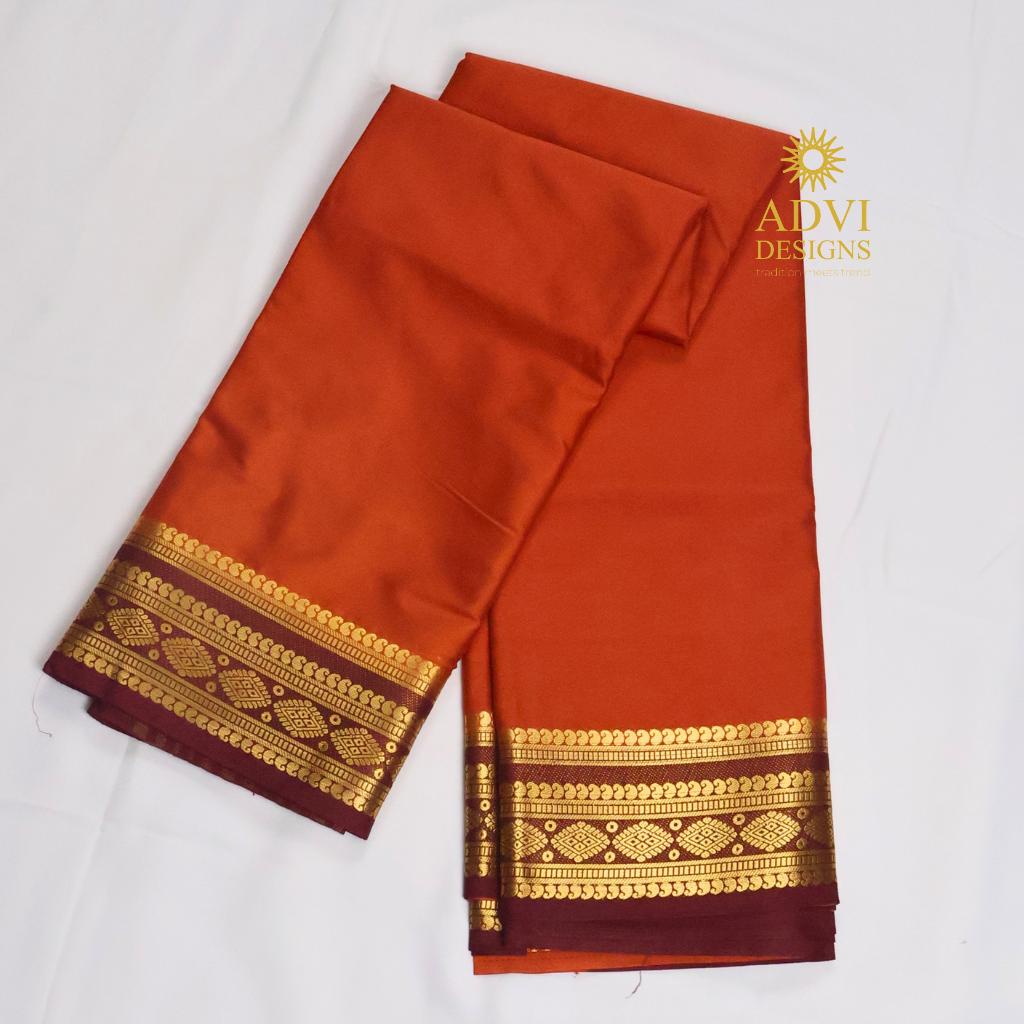 Rust Orange Semi Mysore Crepe Silk Saree with Maroon Zari Border