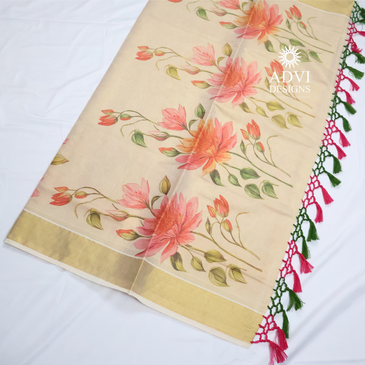 Premium Tissue Digital Printed Floral Set Saree with Gold Zari Border & Running Blouse
