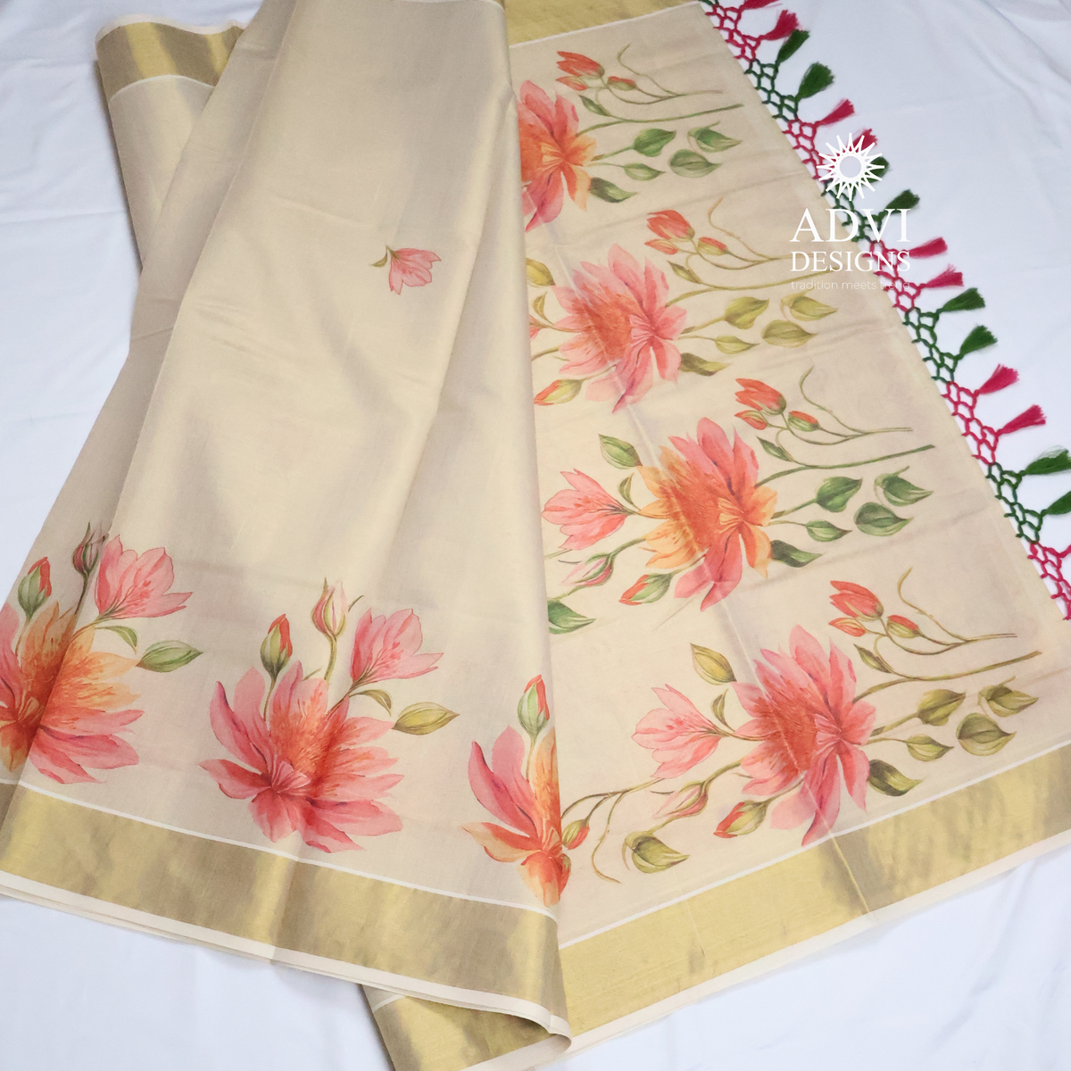 Premium Tissue Digital Printed Floral Set Saree with Gold Zari Border & Running Blouse
