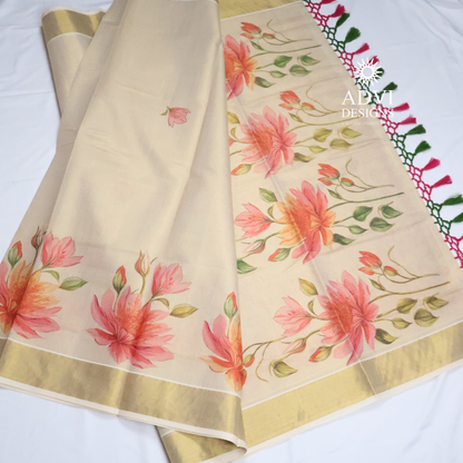 Premium Tissue Digital Printed Floral Set Saree with Gold Zari Border & Running Blouse