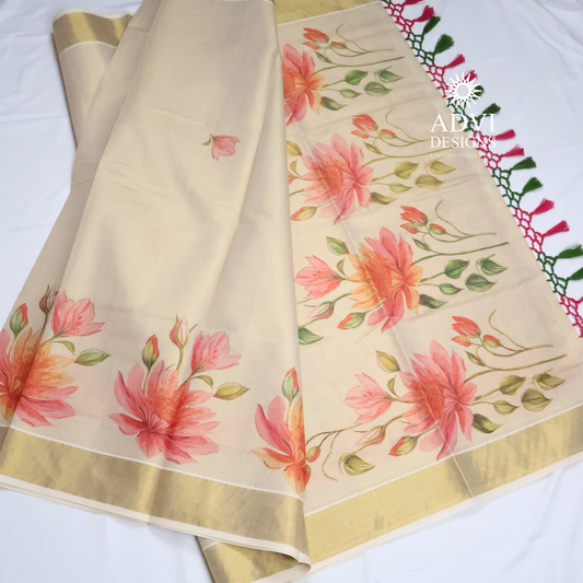 Premium Tissue Digital Printed Floral Set Saree with Gold Zari Border & Running Blouse