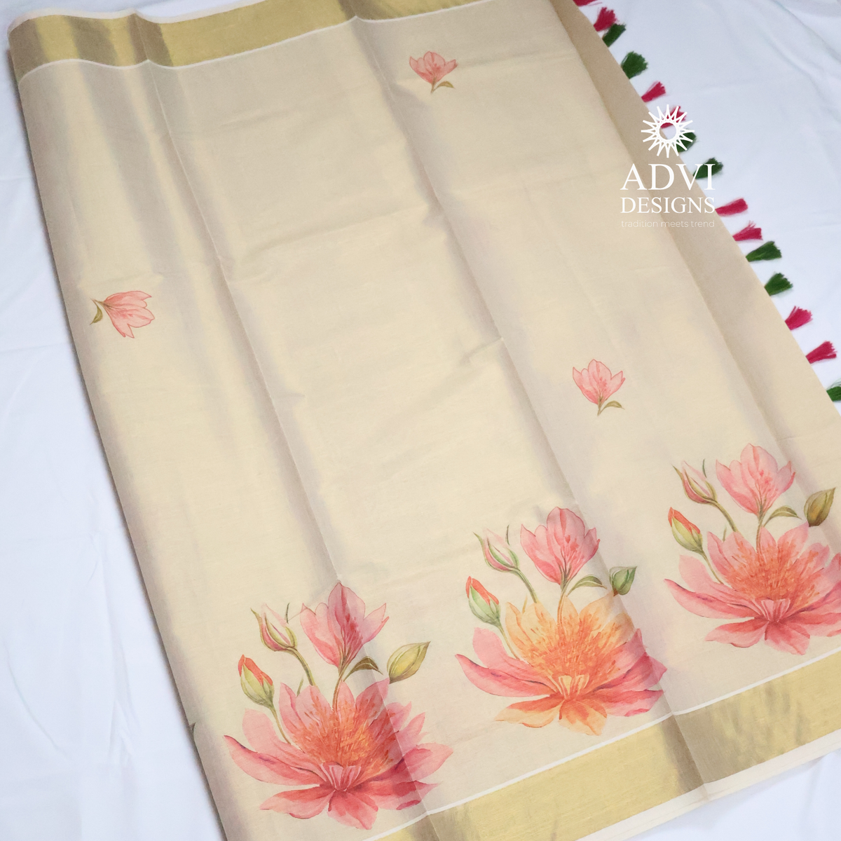 Premium Tissue Digital Printed Floral Set Saree with Gold Zari Border & Running Blouse