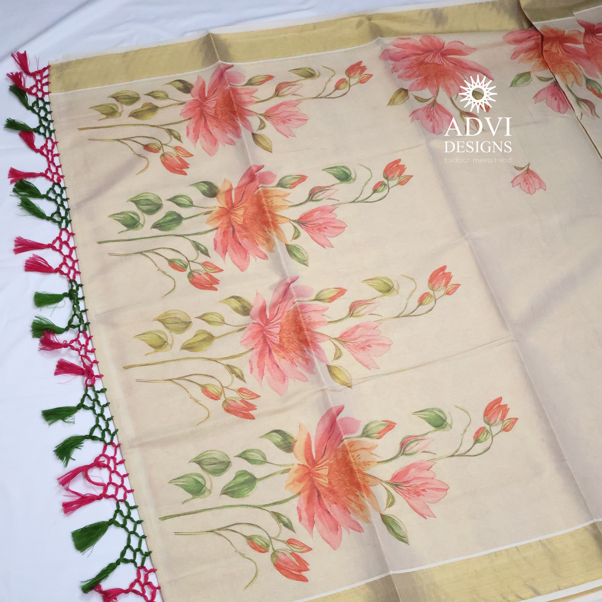 Premium Tissue Digital Printed Floral Set Saree with Gold Zari Border & Running Blouse