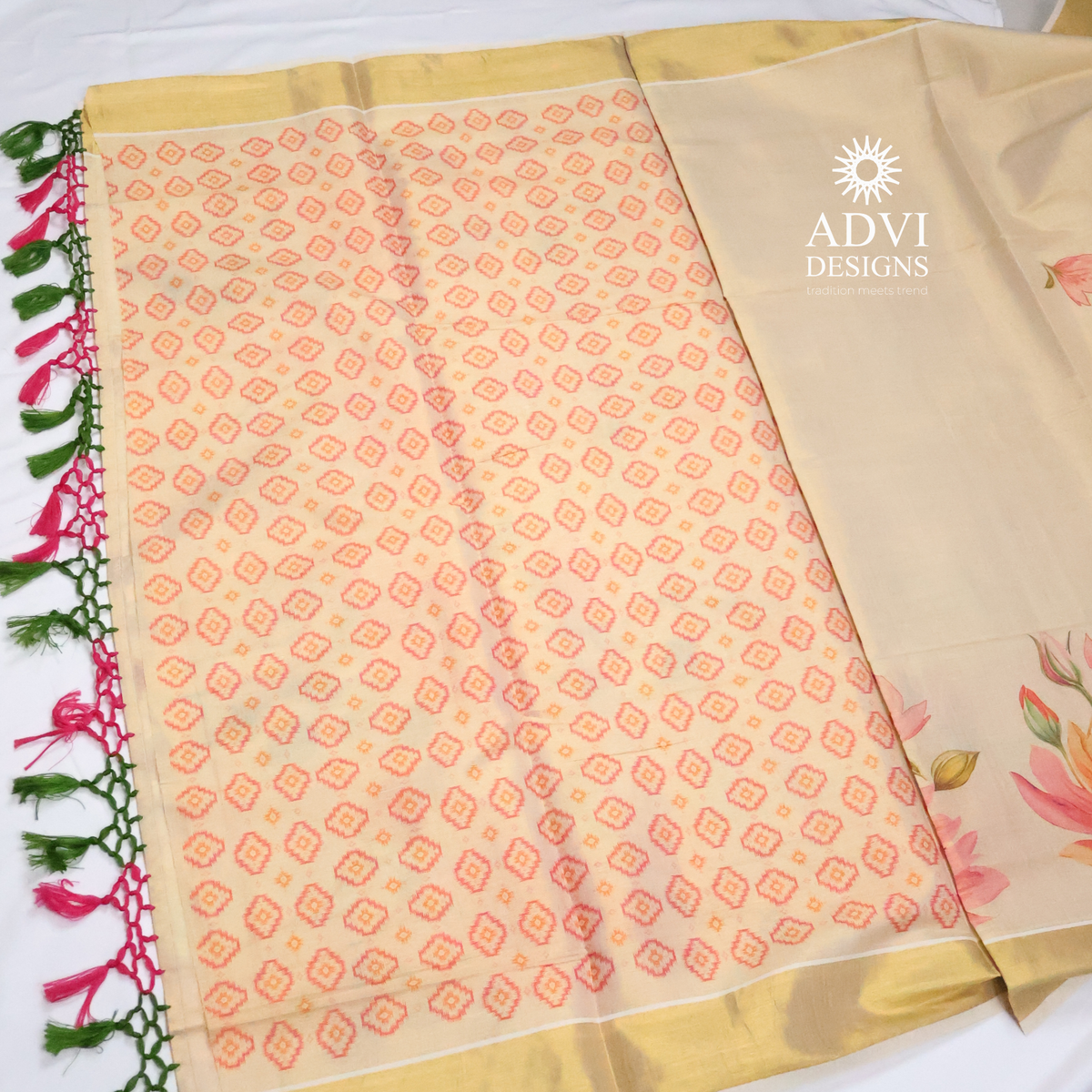 Premium Tissue Digital Printed Floral Set Saree with Gold Zari Border & Running Blouse