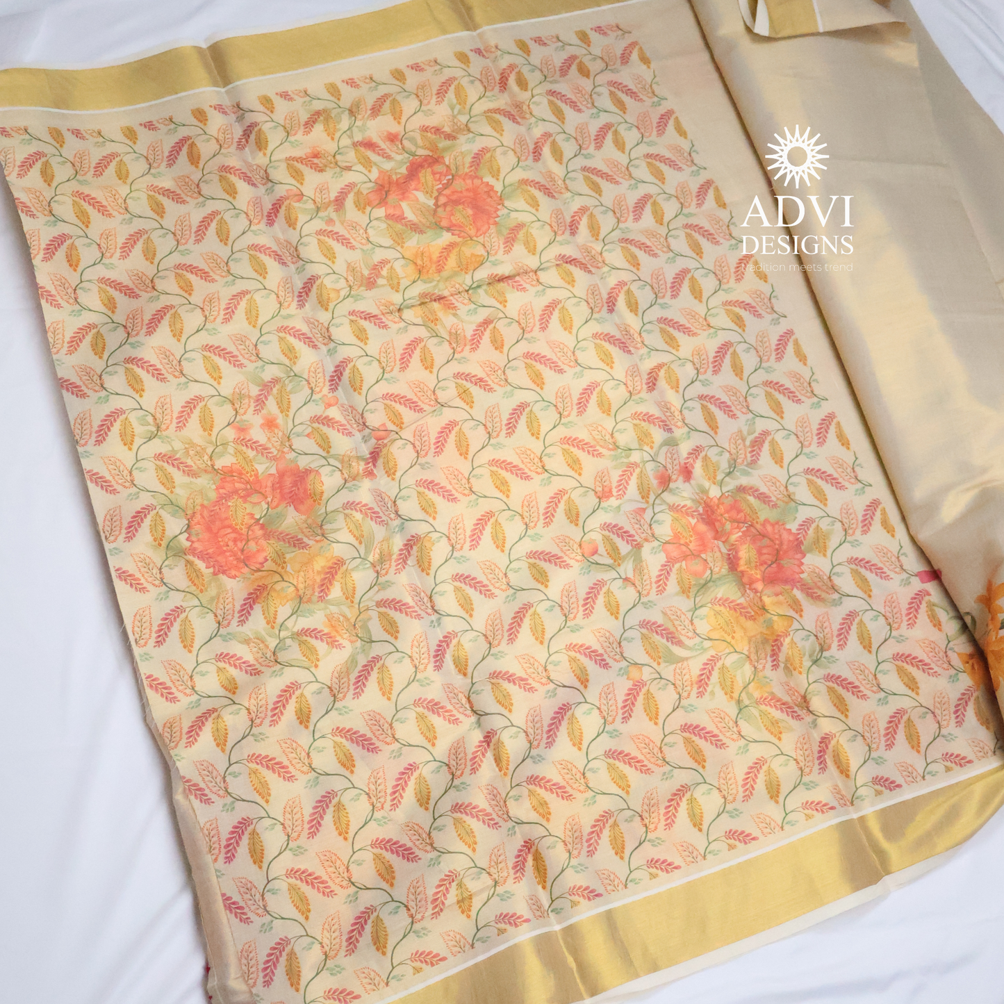 Premium Tissue Chembakam Digital Printed Set Saree with Gold Zari Border & Running Blouse
