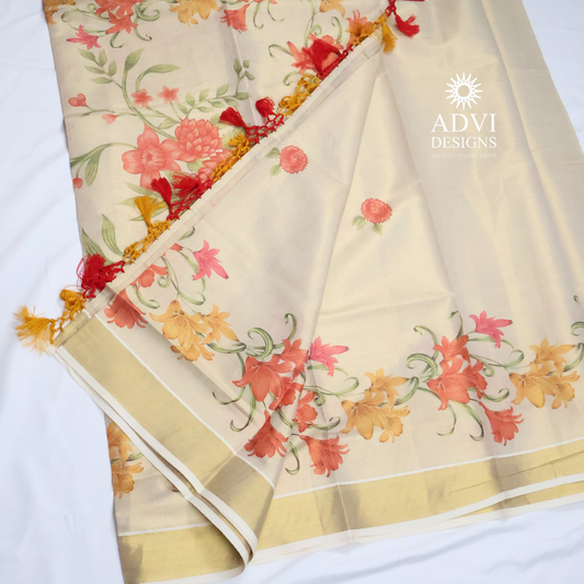 Premium Tissue Chembakam Digital Printed Set Saree with Gold Zari Border & Running Blouse