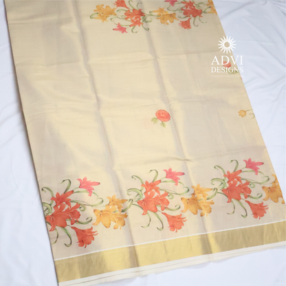 Premium Tissue Chembakam Digital Printed Set Saree with Gold Zari Border & Running Blouse