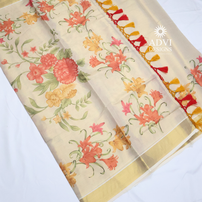 Premium Tissue Chembakam Digital Printed Set Saree with Gold Zari Border & Running Blouse