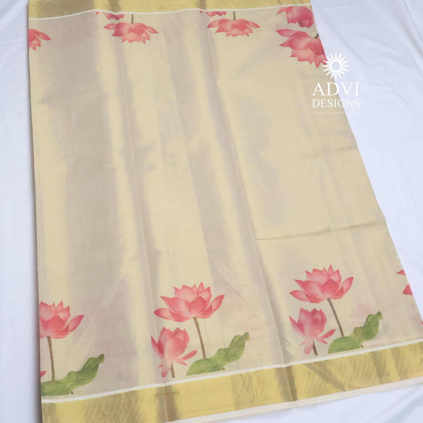 Premium Tissue Lotus Digital Printed Set Saree with Gold Zari Border & Running Blouse