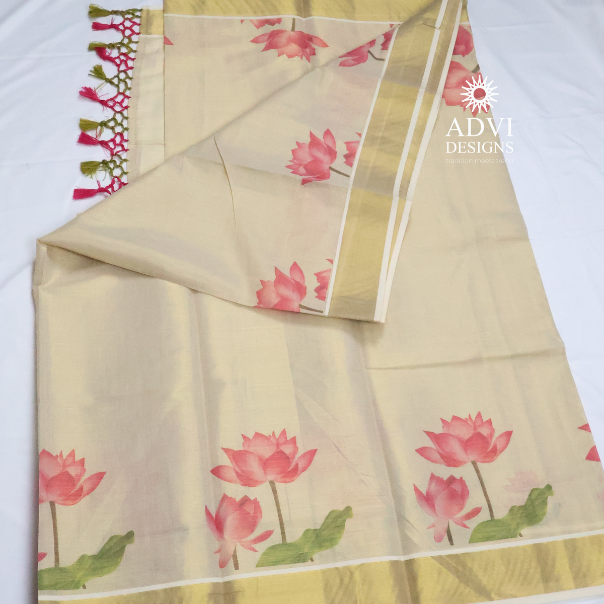 Premium Tissue Lotus Digital Printed Set Saree with Gold Zari Border & Running Blouse