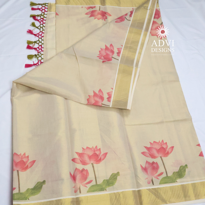 Premium Tissue Lotus Digital Printed Set Saree with Gold Zari Border & Running Blouse
