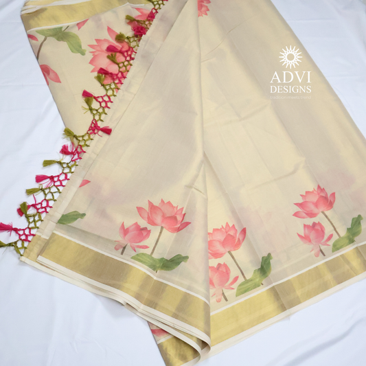 Premium Tissue Lotus Digital Printed Set Saree with Gold Zari Border & Running Blouse