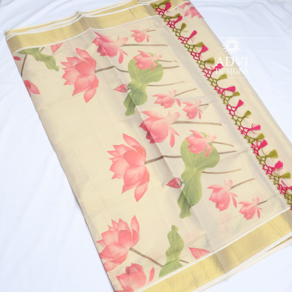 Premium Tissue Lotus Digital Printed Set Saree with Gold Zari Border & Running Blouse