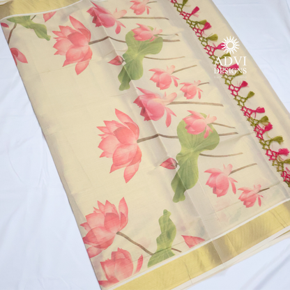 Premium Tissue Lotus Digital Printed Set Saree with Gold Zari Border & Running Blouse