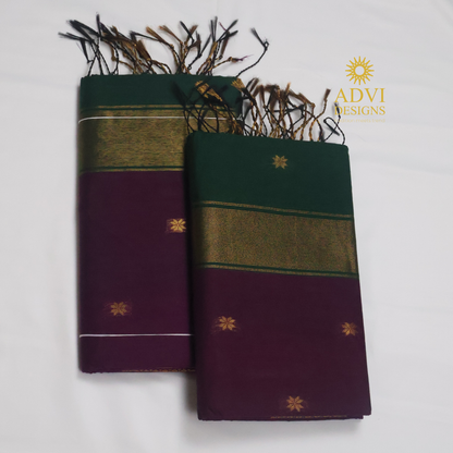 Maheshwari Silk Cotton Saree in Deep Wine with Emerald Green Contrast Pallu & Blouse | Gold Woven Motifs