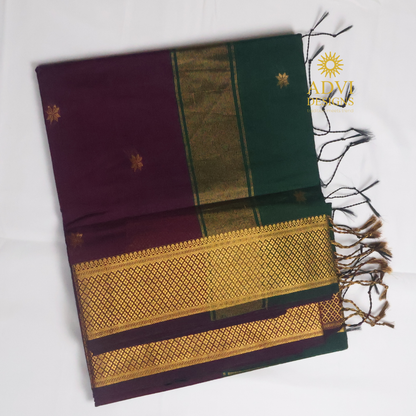 Maheshwari Silk Cotton Saree in Deep Wine with Emerald Green Contrast Pallu & Blouse | Gold Woven Motifs