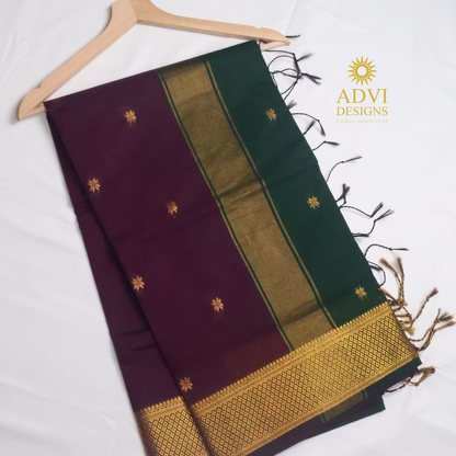 Maheshwari Silk Cotton Saree in Deep Wine with Emerald Green Contrast Pallu & Blouse | Gold Woven Motifs