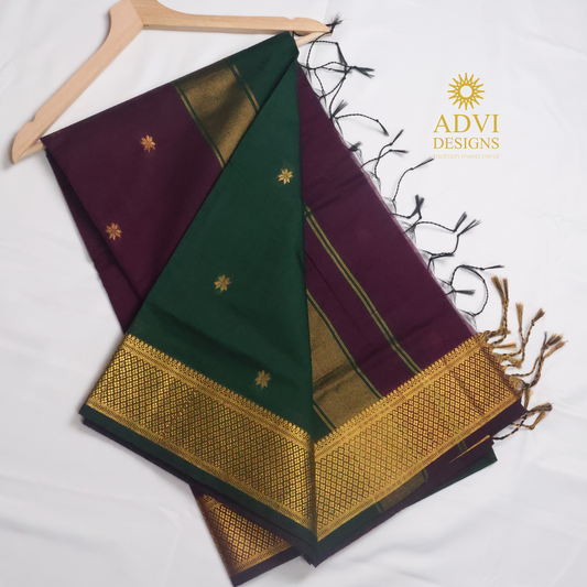 Maheshwari Silk Cotton Saree in Deep Wine with Emerald Green Contrast Pallu & Blouse | Gold Woven Motifs