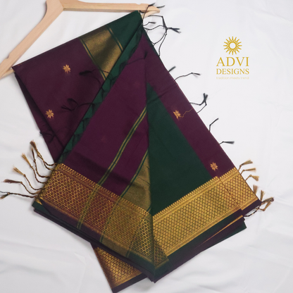 Maheshwari Silk Cotton Saree in Deep Wine with Emerald Green Contrast Pallu & Blouse | Gold Woven Motifs
