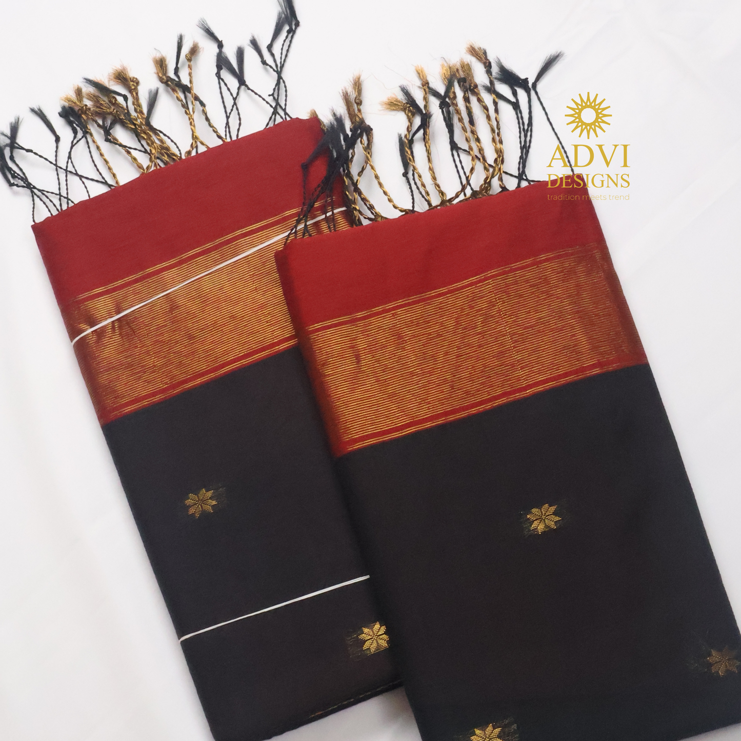 Maheshwari Silk Cotton Saree in Classic Black with Maroon Contrast Pallu & Maroon Blouse | Gold Woven Motifs