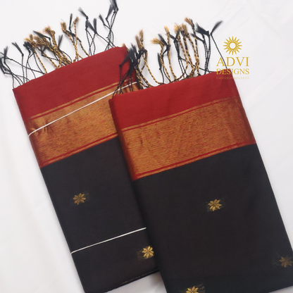 Maheshwari Silk Cotton Saree in Classic Black with Maroon Contrast Pallu & Maroon Blouse | Gold Woven Motifs